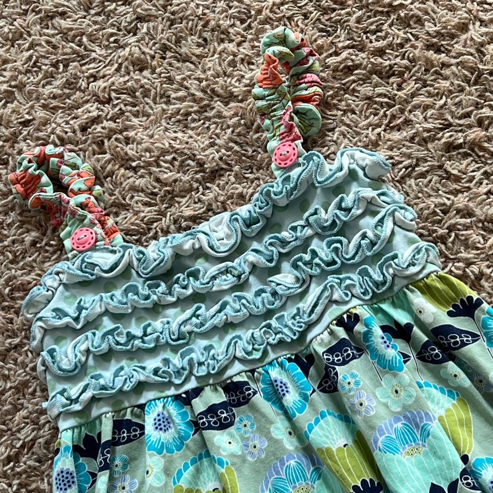 Matilda Jane Girls Floral Ruffle Top Tunic Blue Green Smocked Boutique Size 6